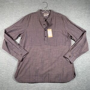 Fabindia Shirt Mens Large Blue Check Long Sleeve Band Collar Henley Slim Fit